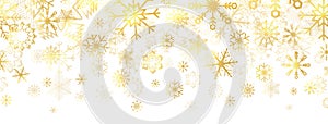Gold snowflakes on white background. Golden snowflakes border with different ornaments. Luxury Christmas banner. Winter