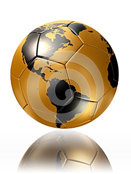 Gold soccer ball with world map america