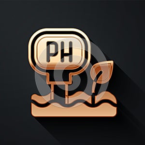 Gold Soil ph testing icon isolated on black background. PH earth test. Long shadow style. Vector
