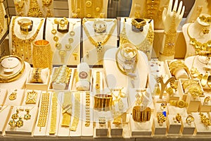 Gold souk market window with jewellery, necklaces, bracelets and luxury accessories