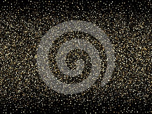 Gold sparkles glitter dust metallic confetti on black vector background.