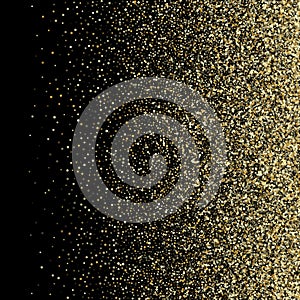 Gold sparkles glitter dust metallic confetti on black vector background.