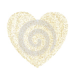 Gold sparkles glitter dust metallic confetti heart vector background.