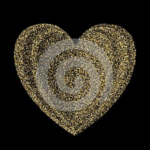 Gold sparkles glitter dust metallic confetti heart vector background.