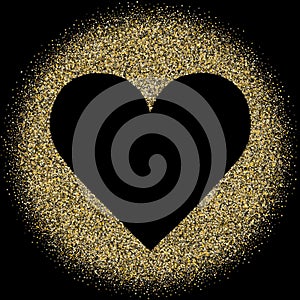 Gold sparkles glitter dust metallic confetti heart vector background.