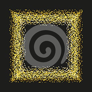 Gold sparkles and glitter powder spray frame. Sparkling glitter particles explosion on vector black transparent