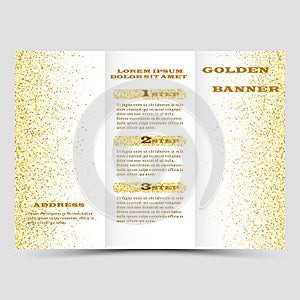 Gold sparkles on white background, banners. Golden background text. Banners logo, web, card, vip, exclusive, certificate