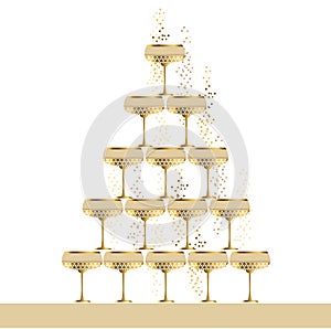 Gold sparkling champagne glass pyramid flat vector illustration.