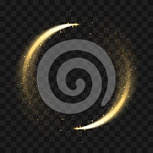 Gold sparkling glitter circle. Vector circle golden glittering particles with star light trail and shine glow