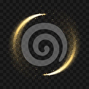 Gold sparkling glitter circle. Vector circle of golden glittering particles with star light trail and shine glow on transparent