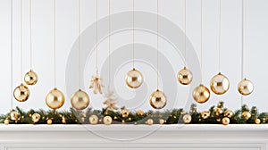 Gold sparkling holiday ornaments gracefully hanging from a fir branch against a pristine white background highlight the