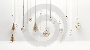 Gold sparkling holiday ornaments gracefully hanging from a fir branch against a pristine white background highlight the