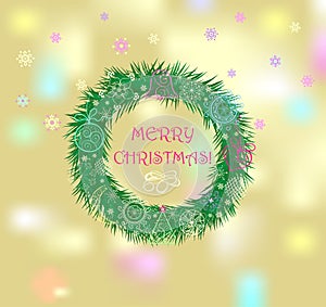 Gold sparkly banner with Christmas wreath with conifer branches and lacy golden decoration