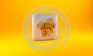 Gold Speaker mute icon isolated on yellow background. No sound icon. Volume Off symbol. Silver square button. 3D render