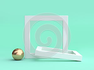 Gold sphere blank white frame minimal green background 3d render