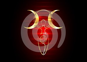 Gold spiral goddess of fertility and triple moon Wiccan. The spiral cycle of life, death and rebirth. Golden Woman Wicca mother