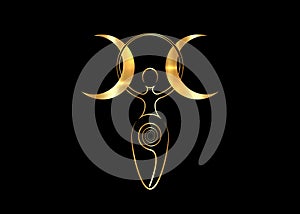 Gold spiral goddess of fertility and triple moon Wiccan. The spiral cycle of life, death and rebirth. Golden Woman Wicca mother