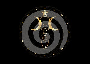 Gold spiral goddess of fertility and triple moon Wiccan. The spiral cycle of life, death and rebirth. Golden Woman Wicca mother