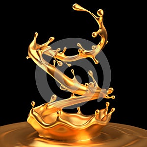 Gold splash liquid black background. 3d illustration, 3d rendering