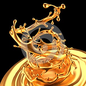 Gold splash liquid black background. 3d illustration, 3d rendering