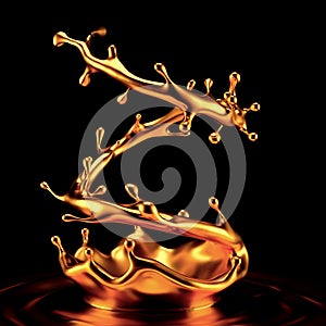 Gold splash liquid black background. 3d illustration, 3d rendering