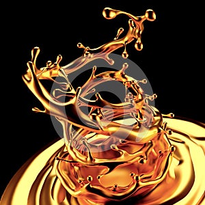 Gold splash liquid black background. 3d illustration, 3d rendering