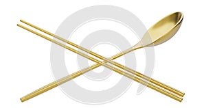 Gold Spoon and chopsticks isolated on white background. 3D illustration