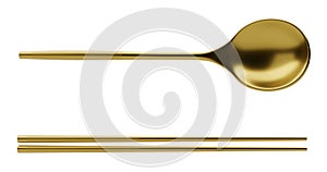 Gold Spoon and chopsticks isolated on white background. 3D illustration