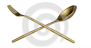 Gold Spoon and fork isolated on white background. 3D illustration