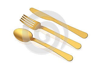 Gold spoon,knife and fork on white background