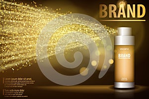 Gold spray bottle on black background for your design. Realistic cosmetic premium ads, facial treatment essence