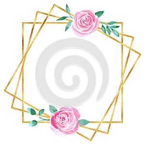 Gold square frame with watercolor flower illustration