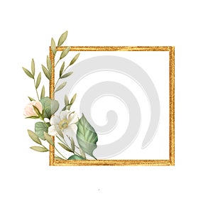 Gold square frame with whiteflowers and green leaves. Floral Wedding card decor.