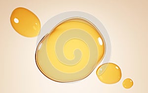 Gold stains of oil, serum droplets or honey on beige background. Bubbles collagen essence, mockup liquid yellow drops of