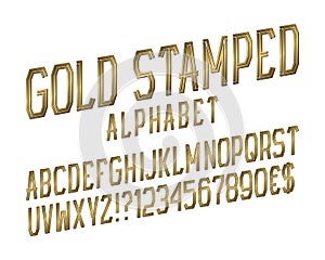 Gold stamped alphabet witn numbers, dollar and euro currency signs, exclamation and question marks