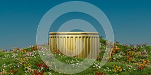 a gold stand sitting in a field of flowers and grass with a blue sky in the background and a green hill with flowers, 3D render,