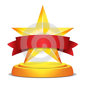 Gold Star Award. Red Ribbon With Place For Text. Vector Illustration. Modern Trophy, Challenge Prize. Beautiful Shiny
