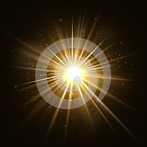 Gold star burst. Golden light explosion isolated on dark background vector illustration