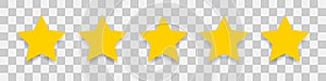 5 gold star icon. Vector five stars illustration on transparent background