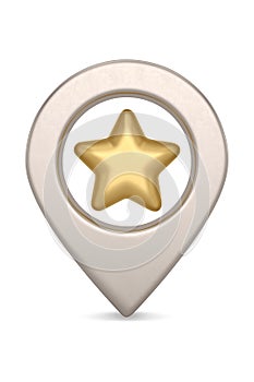 Gold star map pin isolated on white background. 3D illustration