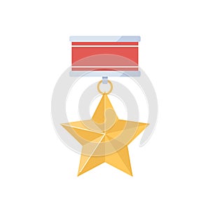 Gold star medal with red ribbon. Military award badge. Golden honor and pride reward for hero. Metal distinction symbol