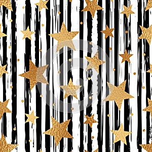 Gold star seamless pattern. Repeated scatter golden stars pattern. Random golded star with black stripes. Glitter patern printed.