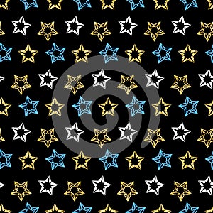 Gold star white blue color, seamless pattern black golden shimmer glitter background