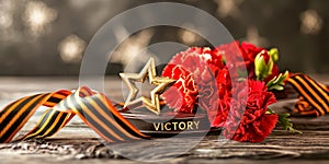 Gold star, word victory written, red carnation and George ribbon. Symbols Victory day 9 May. Veterans day.1941-1945