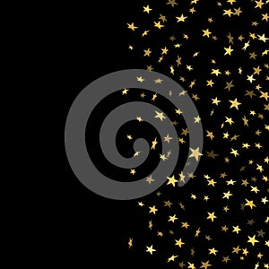 Gold stars falling confetti isolated on black background. Golden abstract random pattern Christmas card, New Year