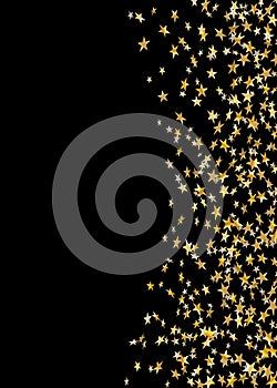 Gold stars falling confetti isolated on black background. Golden abstract random pattern Christmas card, New Year