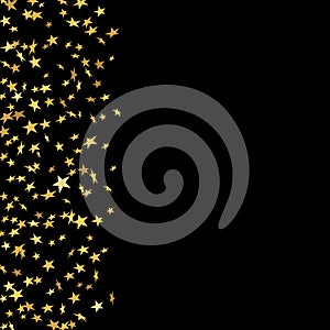 Gold stars falling confetti isolated on black background. Golden abstract random pattern Christmas card, New Year