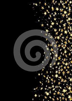 Gold stars falling confetti isolated on black background. Golden abstract random pattern Christmas card, New Year