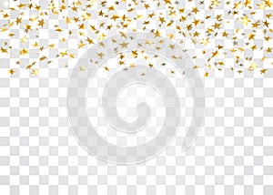 Gold stars falling confetti isolated on white transparent background. Golden abstract pattern Christmas card, New Year