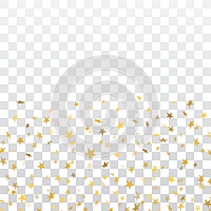 Gold stars falling confetti isolated on white transparent background. Golden abstract pattern Christmas card, New Year photo
